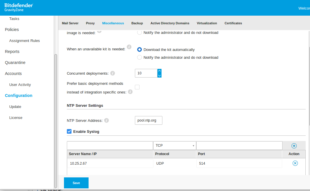 Syslog Configuration On Bitdefender GravityZone SGBox Next Generation