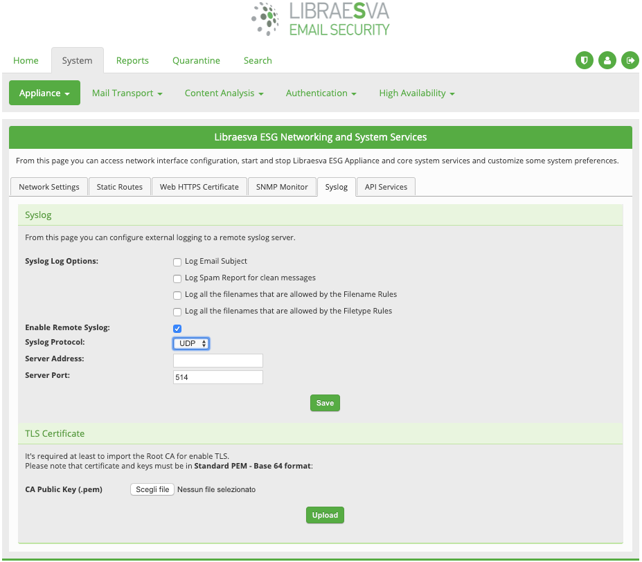 Libra ESVA Syslog configuration