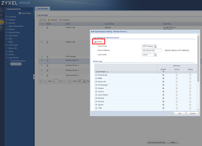 syslog configuration on Zyxel Firewalls