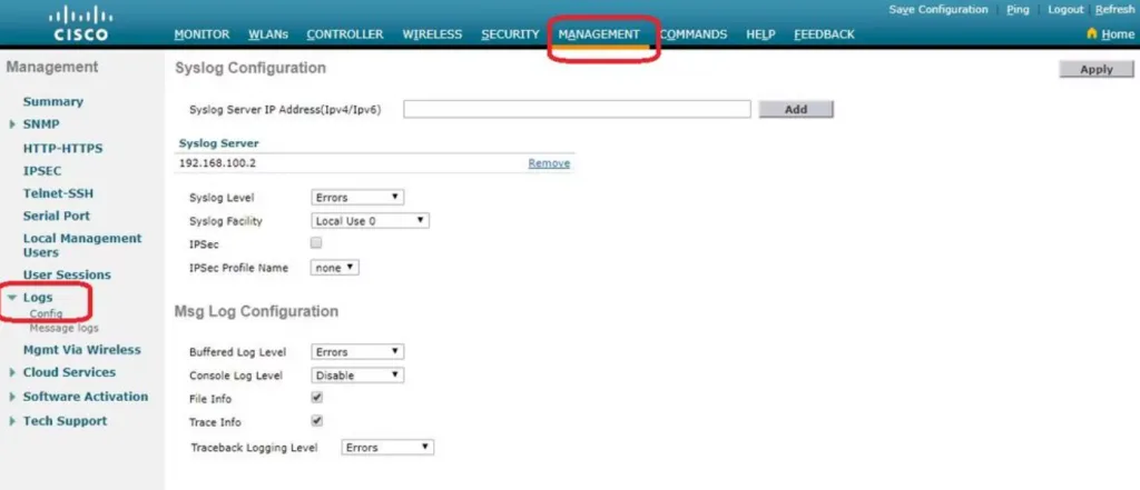 Syslog configuration on Cisco WLC