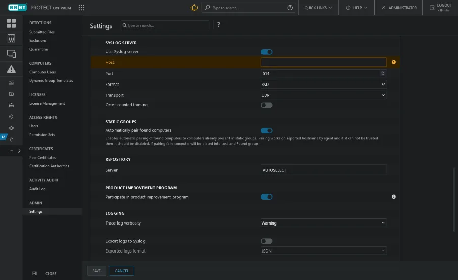 Syslog configuration on ESET