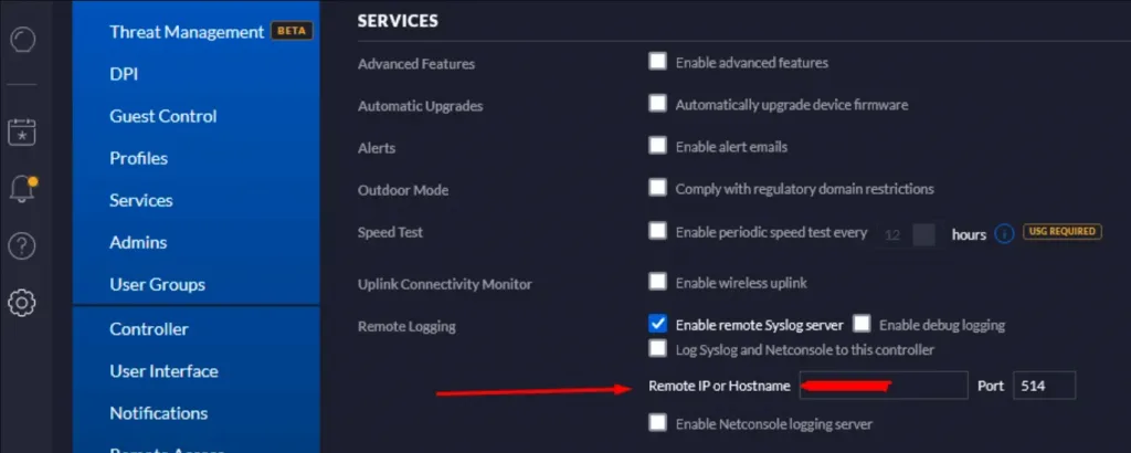 Syslog configuration on Ubiquiti